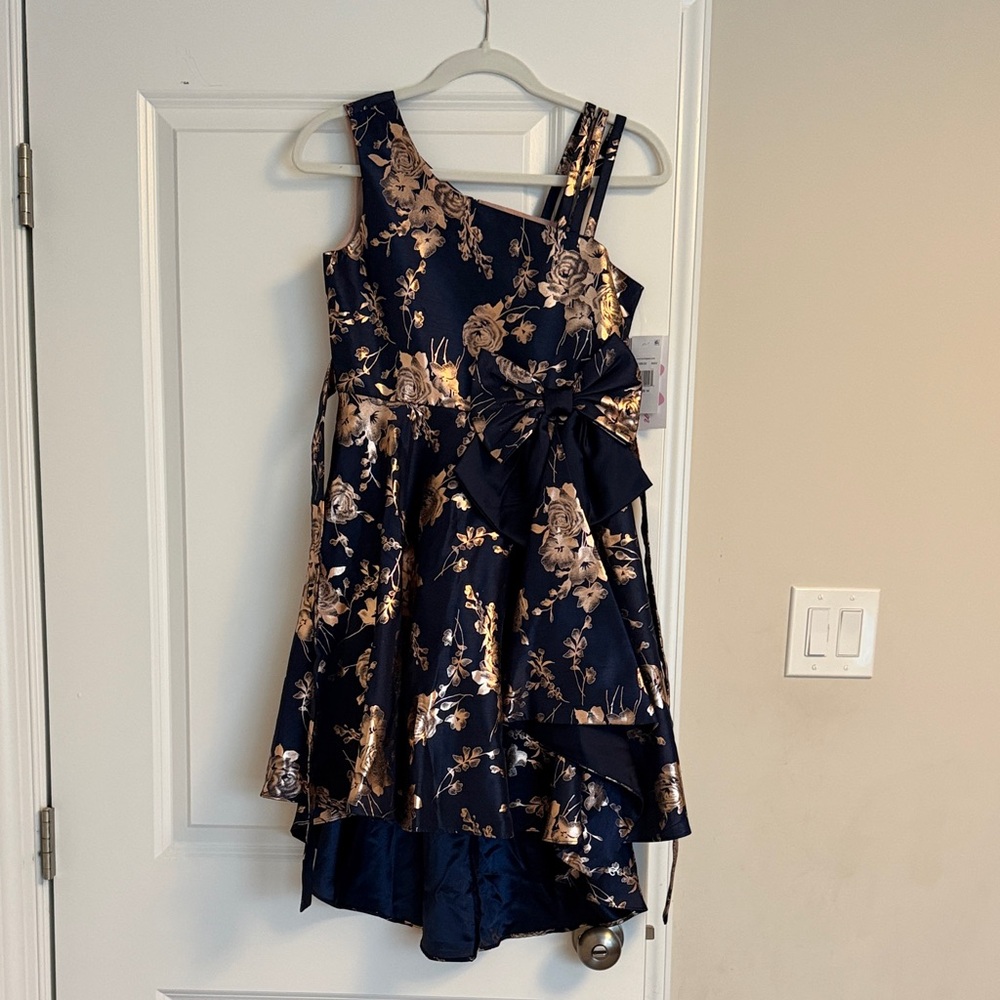 NWT Navy and Rose Gold Floral Asymmetrical Party Dress for Girls